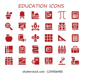  education icon set. 30 filled education icons. Simple modern icons about  - Pencil case, Canvas, Books, Book, Pi, Calculator, Analytics, Presentation, Vector, Chemical, Manual