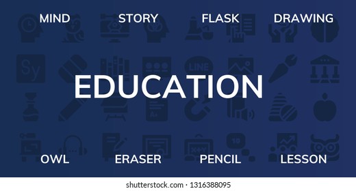 education icon set. 32 filled education icons. on blue background style Collection Of - Mind, Story, Flask, Drawing, Owl, Eraser, Pencil, Lesson, Vector, Books, Canvas, Book, Presentation