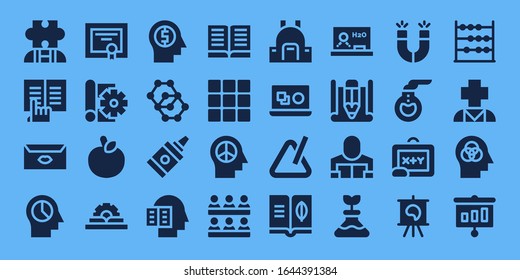 Bildungs-Symbol-Set. 32 gefüllte Bildungs-Symbole. auf blauem Hintergrund Einfache, moderne Symbole wie: Autismus, E-Book, Letter, Mind, Diploma, Sketch, Apple, Handbuch, Molekül, Klebstoff