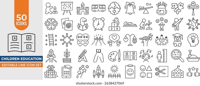 Children’s Education Icon Set – 50 Editable Stroke Line Icons for Child Development, Learning Activities and Preschool Design