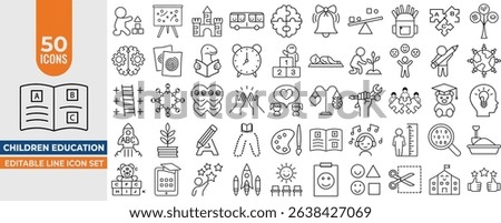 Children’s Education Icon Set – 50 Editable Stroke Line Icons for Child Development, Learning Activities and Preschool Design
