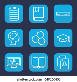 Education icon. set of 9 outline education icons such as book, resume, notebook, human brain, graduation hat, ruler, graph on display