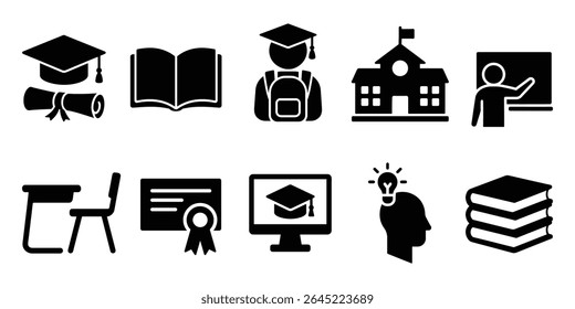 Education Icon Set – Black Silhouette Vector of School, Student, Book, Certificate, Graduation and Online Learning Symbols