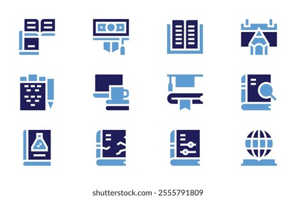 Education icon set. Bold style. Duotone colors. education, formation, science book, teared book, open book, study, settings.