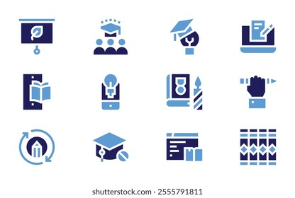 Education icon set. Bold style. Duotone colors. no education, education, presentation, ebook, online learning, writing, books, idea, history book.