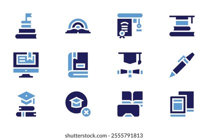 Education icon set. Bold style. Duotone colors. book of fairy tales, books, goal, no education, online, education, vr.