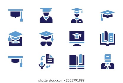 Education icon set. Bold style. Duotone colors. studying, graduation cap, braille, graduation, resume, mortarboard, student, online education.