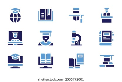 Education icon set. Bold style. Duotone colors. speech, important topics, online education, equal educational opportunities, education, graduation hat.