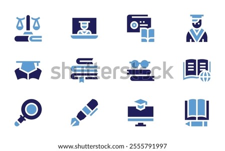 Education icon set. Bold style. Duotone colors. student, law, online education, education, radio, book.