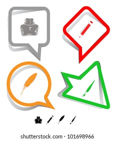 Education icon set. Brush, inkstand, feather, pencil. Paper stickers. Vector illustration.