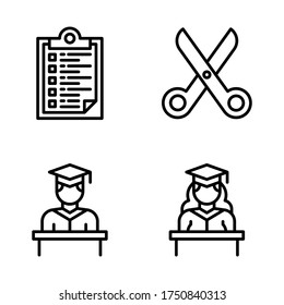 Education icon set = Clipboard, scissors, graduation man, graduation girl