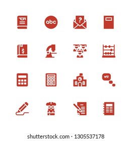 education icon set. Collection of 16 filled education icons included Notebook, Letter, Nerd, Pencil, Thinking, School, Calculator, Abacus, Graduation, Microscope, Book, Abc, Thesis