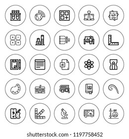 Education icon set. collection of 25 outline education icons with atmosphere, atom, book, chemical, color palette, color, flask, forms, french curve icons. editable icons.