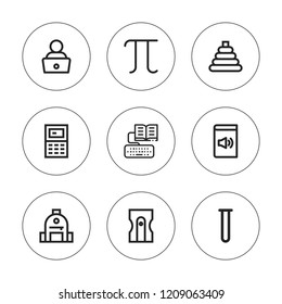 Education icon set. collection of 9 outline education icons with backpack, book, calculator, homework, pi, read, sharpener, test tube icons. editable icons.