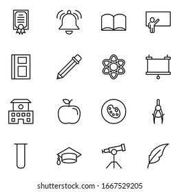 Bildungs-Symbol-Set. Kollektion hochwertiger Umrisspiktogramme im modernen Flachstil. Schwarzes Bildungs-Symbol für Webdesign und mobile App auf weißem Hintergrund. Linienlogo EPS10