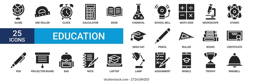 Conjunto de iconos de Educación. Contiene globo, regla de arco, reloj, calculadora, libro, química, campana de la escuela y más. Colección de iconos de vectores de glifos.