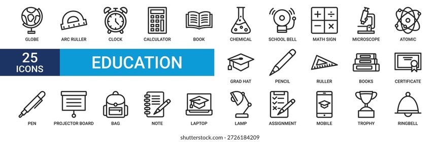 Education icon set. Containing globe, arc ruller, clock, calculator, book, chemical, school bell and more. Line vector icons collection.