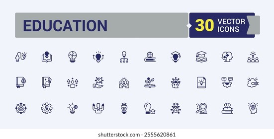 Education icon set. Containing human, innovation, person, bookshelf, versatili, personal, lightbulb. Thin linear style icons. Editable vector outline and solid icons.