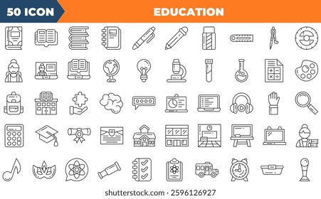 Education icon set. Containing knowledge, college, task list,and more. Line vector icons collection.