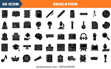Education icon set. Containing knowledge, college, task list,and more. Solid vector icons collection.