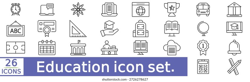 Conjunto de ícones de educação. Contendo aprendizagem, escola, conhecimento, estudo, livro, webinar, e-learning, formatura,