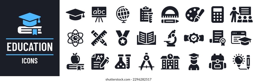 Education icon set. Containing study, graduation, student, knowledge, learning, school and stationery icons. Solid icon set. Vector illustration.