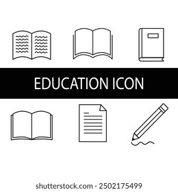 education icon set contains books, pencils and sheets of paper