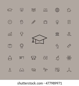 Education Icon Set. Contains items as graduation cap, laboratory tools, tripod, pencil, school bag, puzzle, desk lamp, teacher desk, book, glasses, ruler. Science tools as microscope and telescope.