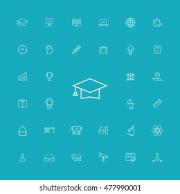 Education Icon Set. Contains items as graduation cap, laboratory tools, tripod, pencil, school bag, puzzle, desk lamp, teacher desk, book, glasses, ruler. Science tools as microscope and telescope.