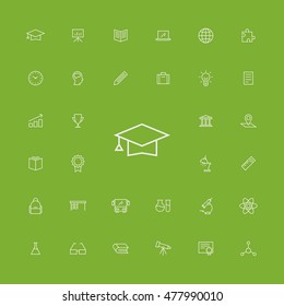 Education Icon Set. Contains items as graduation cap, laboratory tools, tripod, pencil, school bag, puzzle, desk lamp, teacher desk, book, glasses, ruler. Science tools as microscope and telescope.