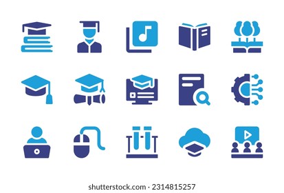 Education icon set. Duotone color. Vector illustration. Containing education, graduate, library, read, science, graduation hat, online course, research, connection, computer mouse, test tube, cloud.