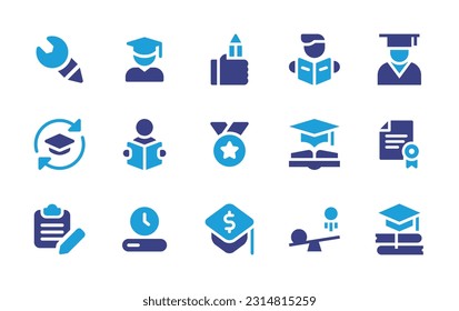 Bildungs-Symbol-Set. Duotonfarbe. Vektorgrafik. Mit technischen Zeichnungen, Student, Bleistift, Lesen, Graduierung, Programm, Lesebuch, Medaille, Ausbildung, Diplom, Bearbeitung, Arbeit im Gange.