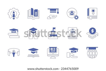 Education icon set. Duotone style line stroke and bold. Vector illustration. Containing settings, braille, scholarship, no, education, sex, graduation, goal, virtual, reality, academic, online.