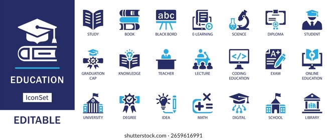 Conjunto de Ícones de Educação. Ícones vetoriais planos editáveis, incluindo estudante, programa de graduação, professor, aprendizagem on-line, ciência, livro, exame, codificação, diploma, universidade e escola.