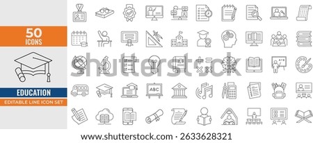 Education Icon Set – Editable Line Vector Icons of Learning, School, E-Learning, Graduation, Teaching, University and Online Study