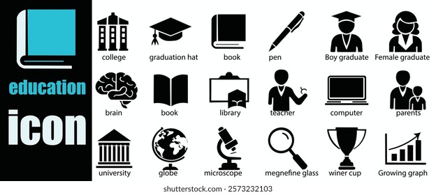 Education icon set. Editable Showcasing intricately designed representations of knowledge, college, task list, design, training, idea, teacher, file, graduation hat, institute, ruler, telescope.