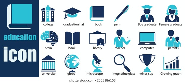 Education icon set. Editable stroke. Vector illustration. Containing knowledge, college, task list, design, training, idea, teacher, file, graduation hat, institute, ruler, telescope.