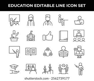 Education Icon Set featuring editable line icons of books, graduation hats, and learning tools. Ideal for schools, e-learning platforms, education apps, posters, and instructional materials.