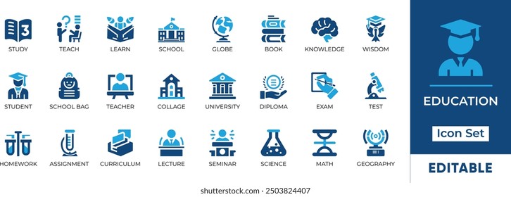 Education Icon Set featuring essential elements like study, teach, learn, school, and more. Perfect for educational websites, presentations, and mobile apps.