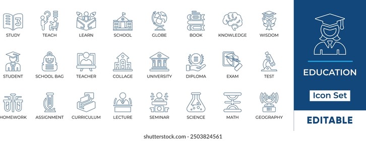 Conjunto de iconos de Educación con Elementos esenciales como estudiar, enseñar, aprender, escuela y más. Perfecto para Sitios web educativos, presentaciones y App móviles.