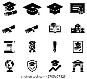 Education icon set featuring graduation caps, diplomas, school building, badge, pen, globe, and growth arrow in clean solid style.