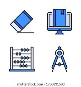 education icon set (Filled Line) = eraser, online book, abacus, drawing compass