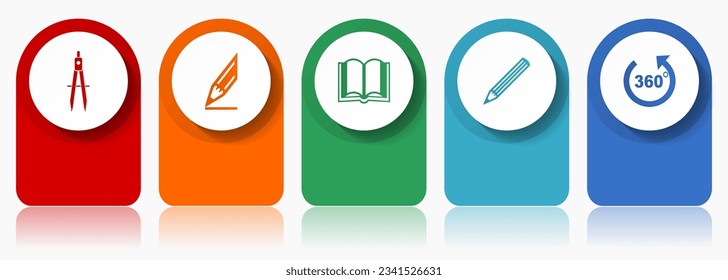Education icon set, flat design miscellaneous colorful icons such as calippers, pencil, book and 360 degree for webdesign and mobile applications, infographic vector template in eps 10