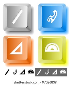 Education icon set. French curve, ruler, triangle ruler, protractor. Computer keys. Vector illustration.