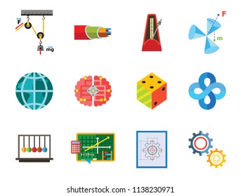 Education Icon Set. Gear Wheel Drawing Metronome With Pendulum Collision Balls Globe Cubes Diagram Philosophy Symbol Logic Concept Algebra Cable Artificial Intelligence Gravity Force