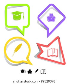 Education icon set. Graduation cap, book, inkstand, feather. Paper stickers. Vector illustration.