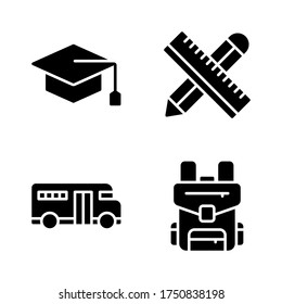 Education icon set = graduation hat, design tool, school bus, school bag