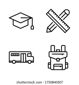 Education icon set = graduation hat, design tool, school bus, school bag