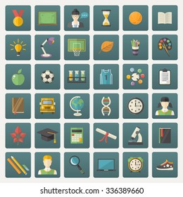 Education icon set. With hat graduate,apple,books,flasks,alarm clock, school bus,globe,ruler,microscope,cup,teacher,student,sneakers,autumn leaf,soccer ball,medal,light,magnifying glass.Flat style