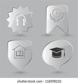 Education icon set. Headphones, clock in hands, graduation cap, library. Glass buttons.